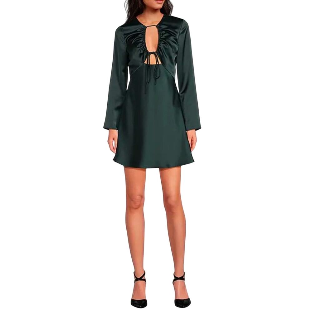 Gianni Bini Raini Satin Tie Front Long Sleeve A-Line Hunter Green Dress Size 0